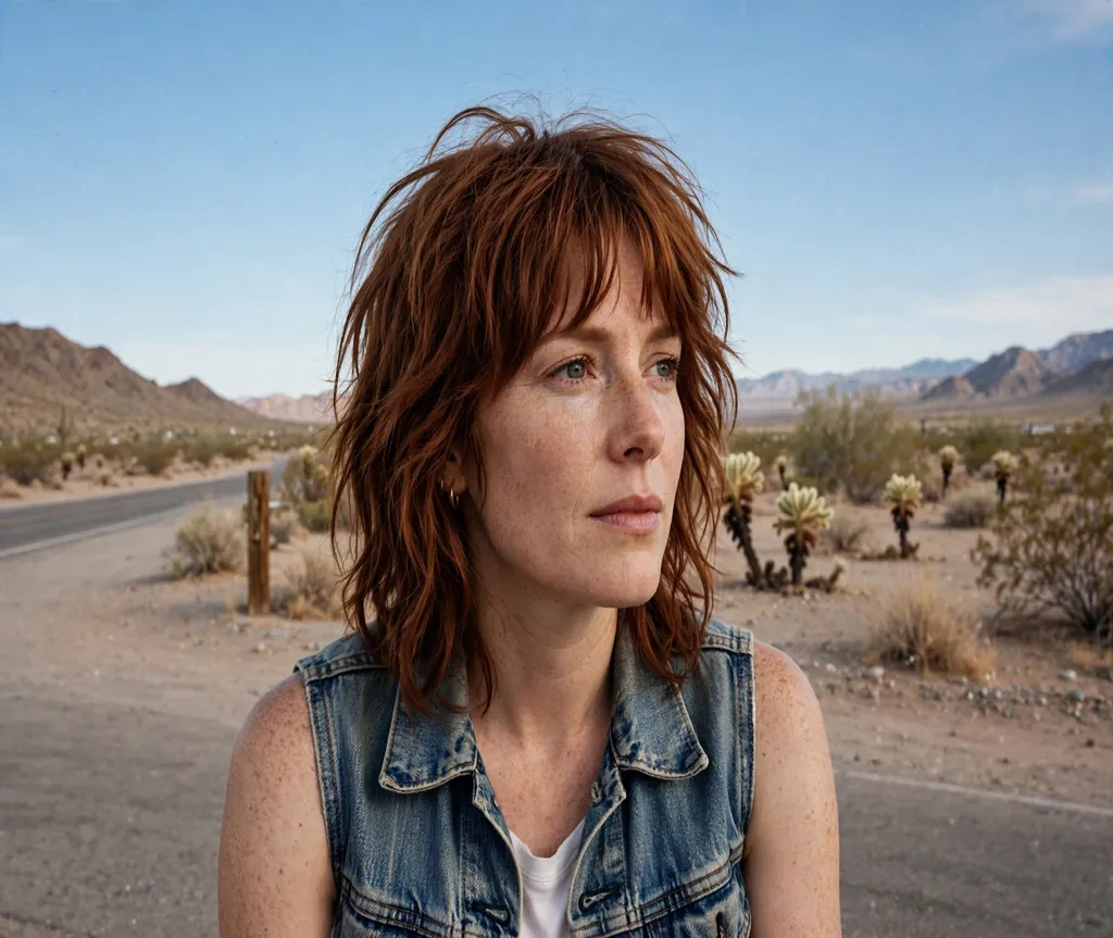 Woman with a shaggy summer shag at a desert roadside stop