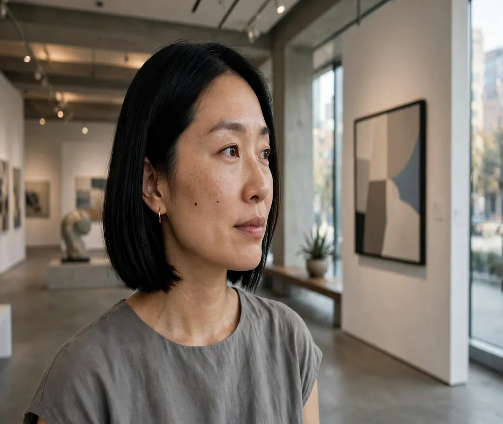 Woman with a blunt summer bob in an art gallery