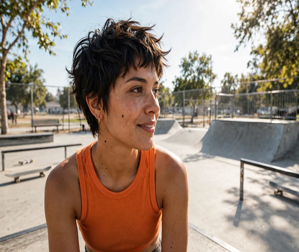 Woman with a choppy pixie layers at a skate park