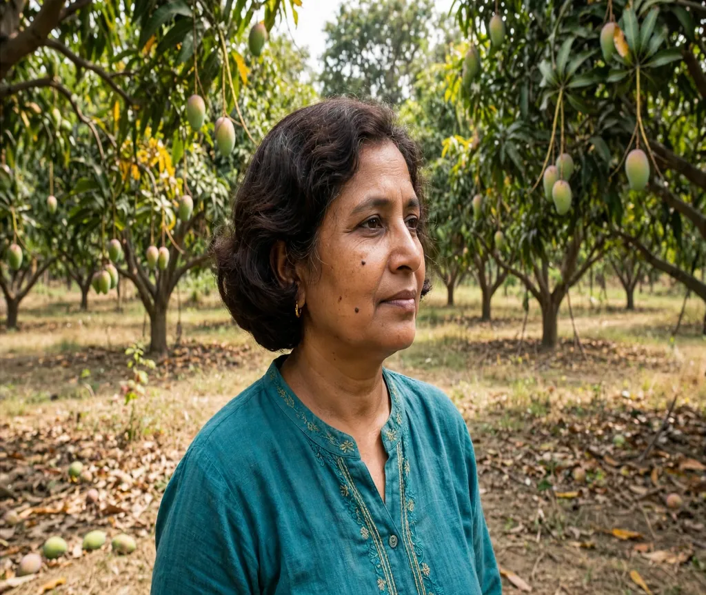Woman with a curled-under bob in a mango orchard