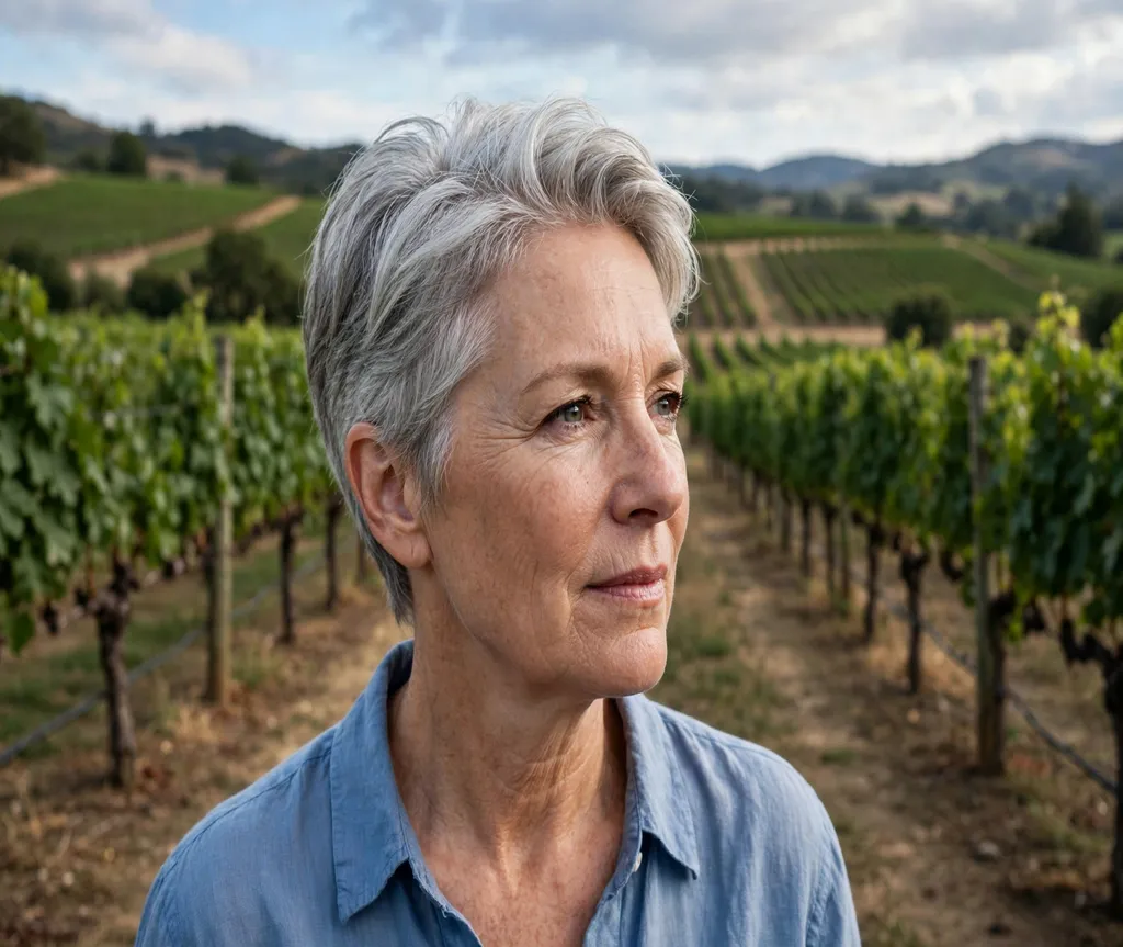 Woman with a swept-back silver pixie in a vineyard