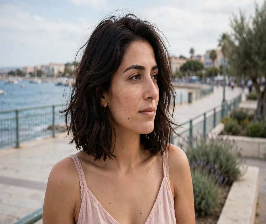 Woman with a layered summer lob on a seaside promenade