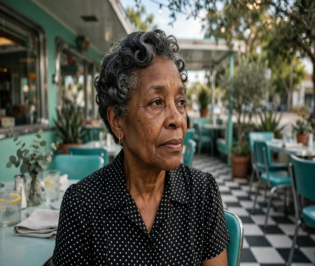 Woman with a vintage pin-curl crop on a retro diner patio