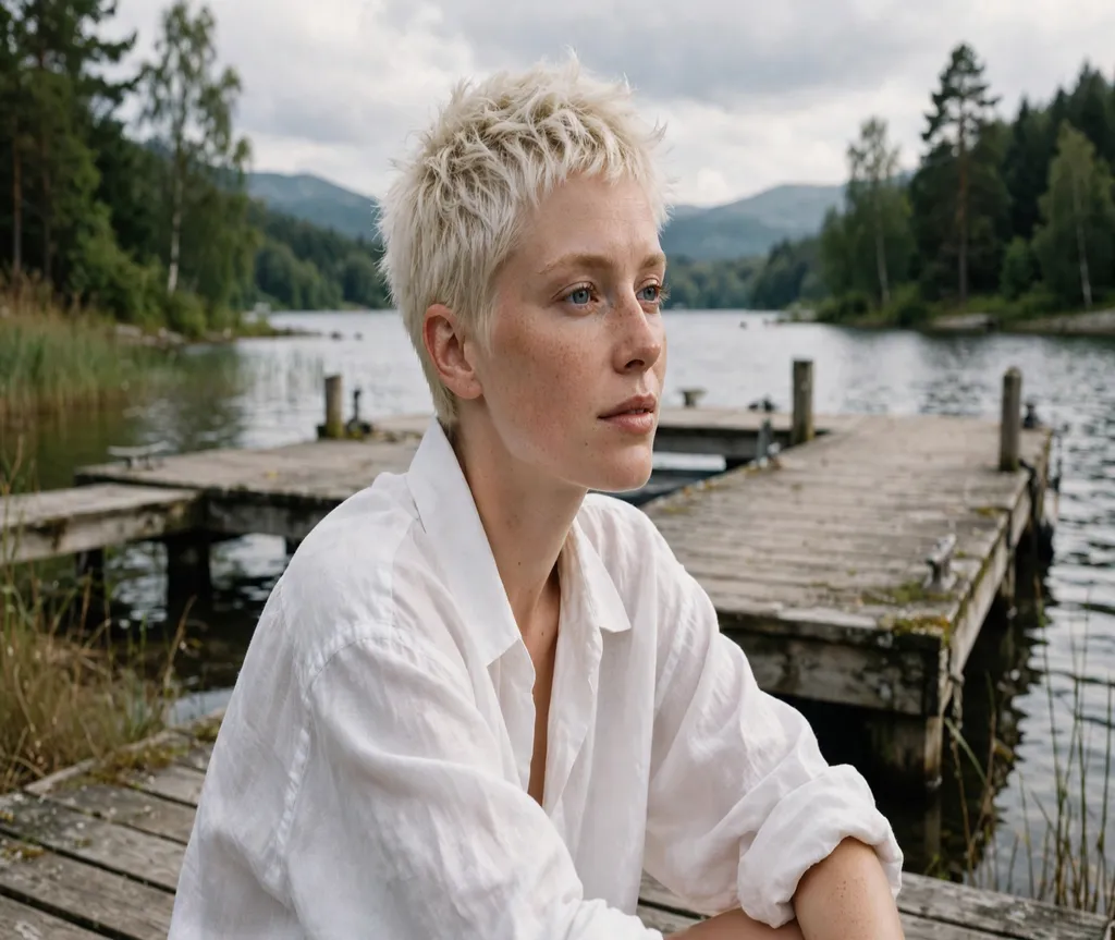 Woman with a textured boyish crop on a lakeside dock