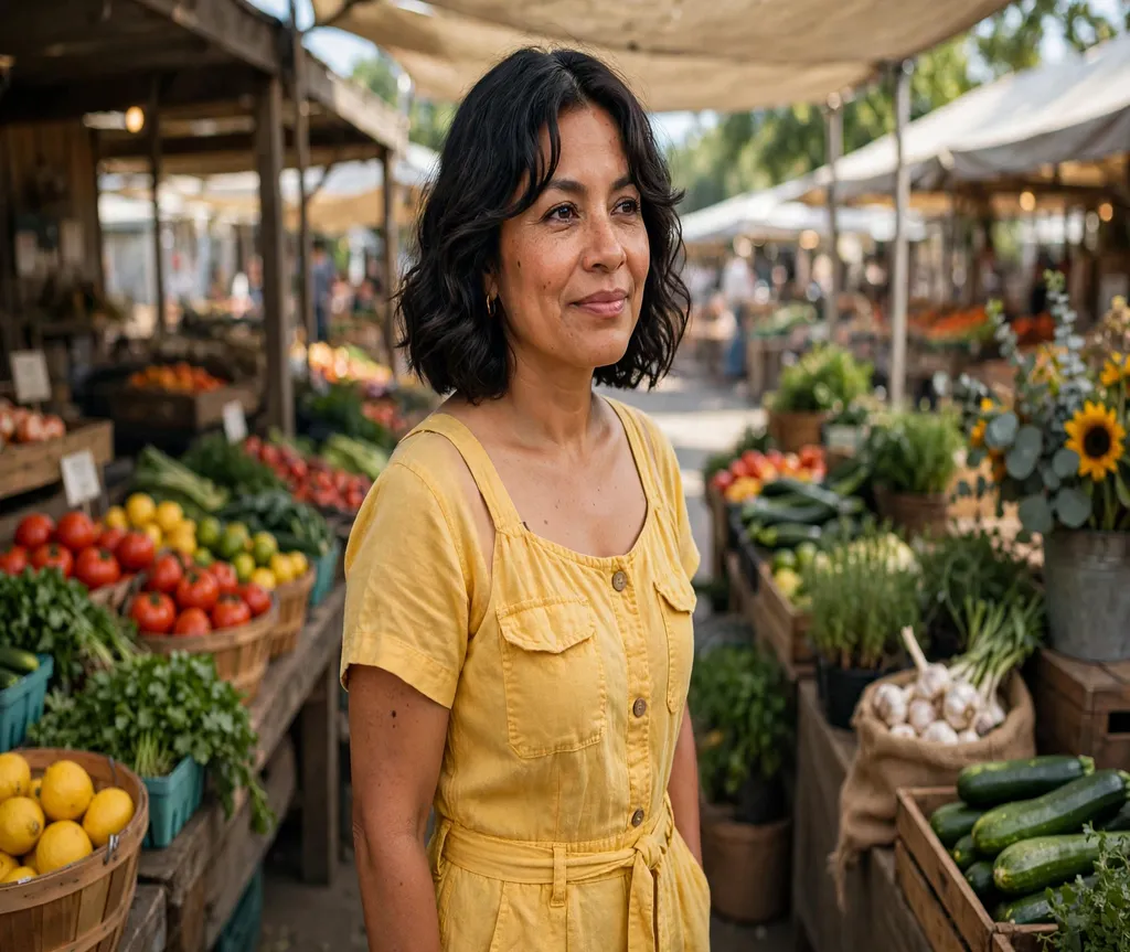 Woman with a bob and curtain bangs at a farmers market