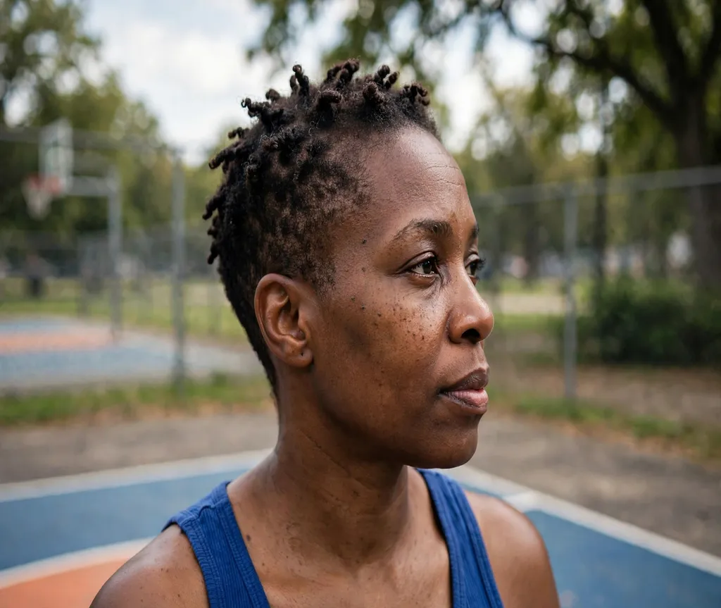 Woman with a twist-out tapered cut by a basketball court