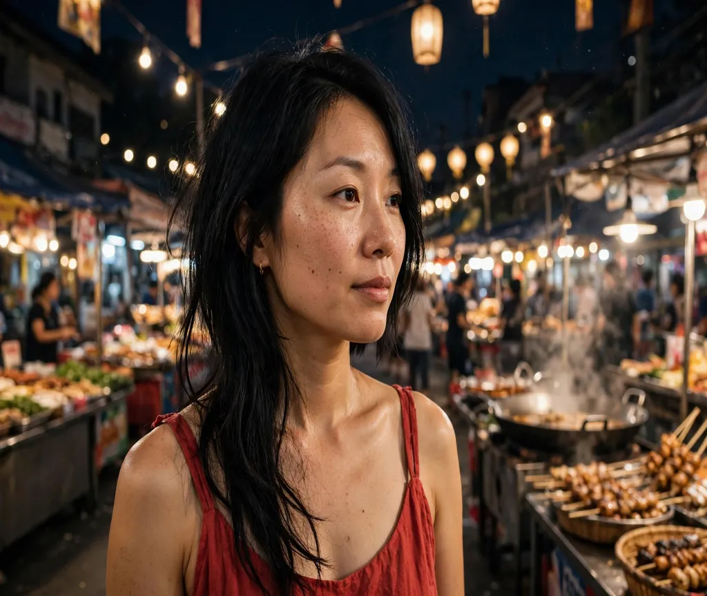Woman with an asymmetrical summer bob on a night market street