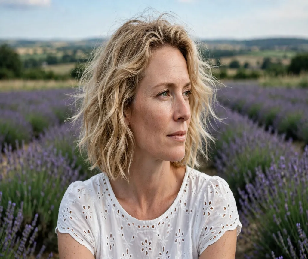 Woman with an effortless wavy lob in a lavender field