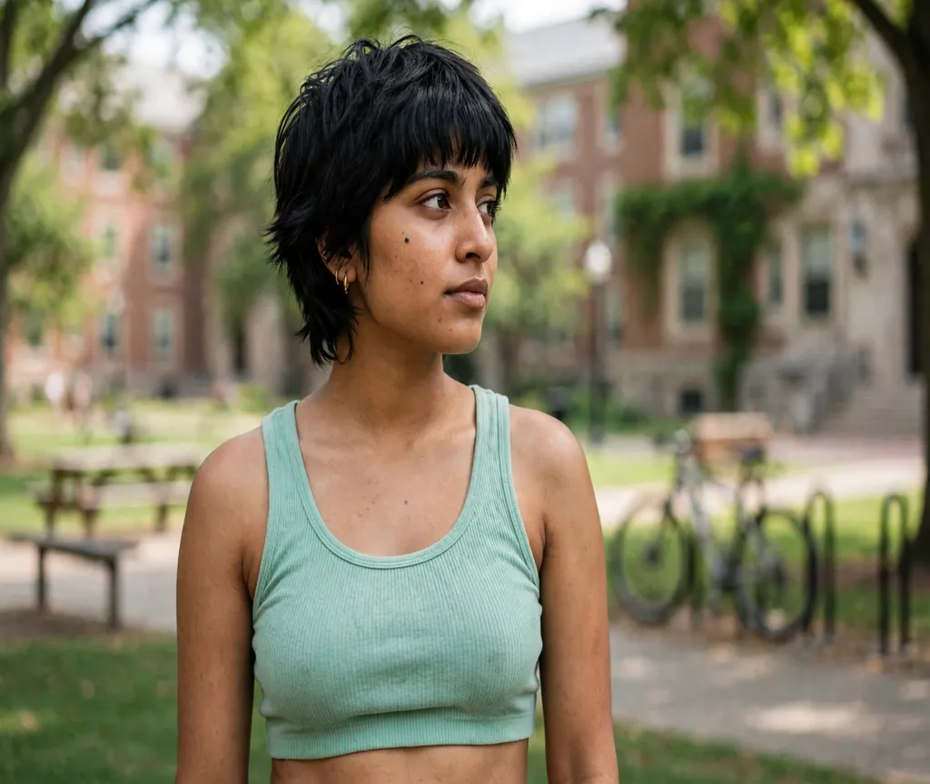 Woman with a short shag with bangs on a college quad