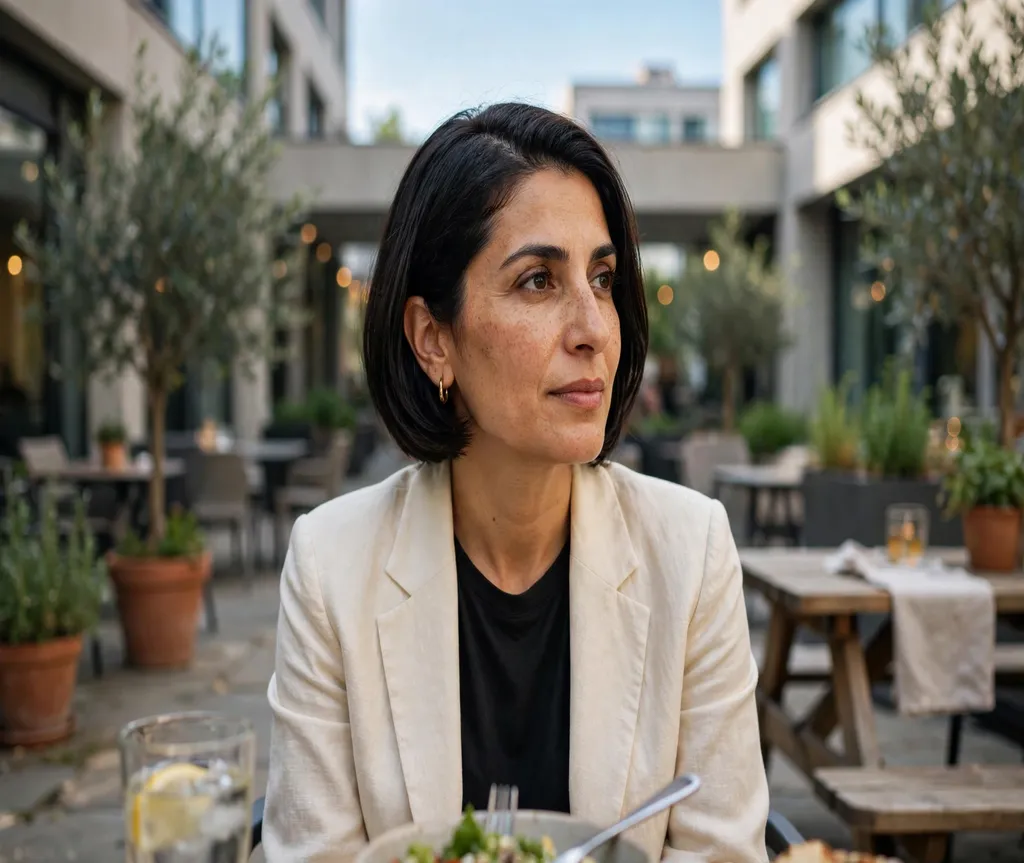 Woman with a polished side-part bob in an office courtyard