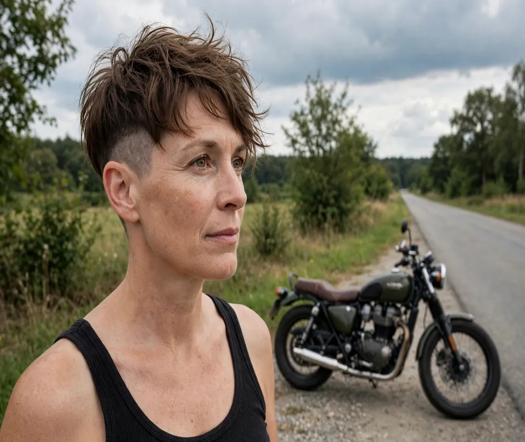 Woman with a tousled undercut pixie at a motorcycle roadside