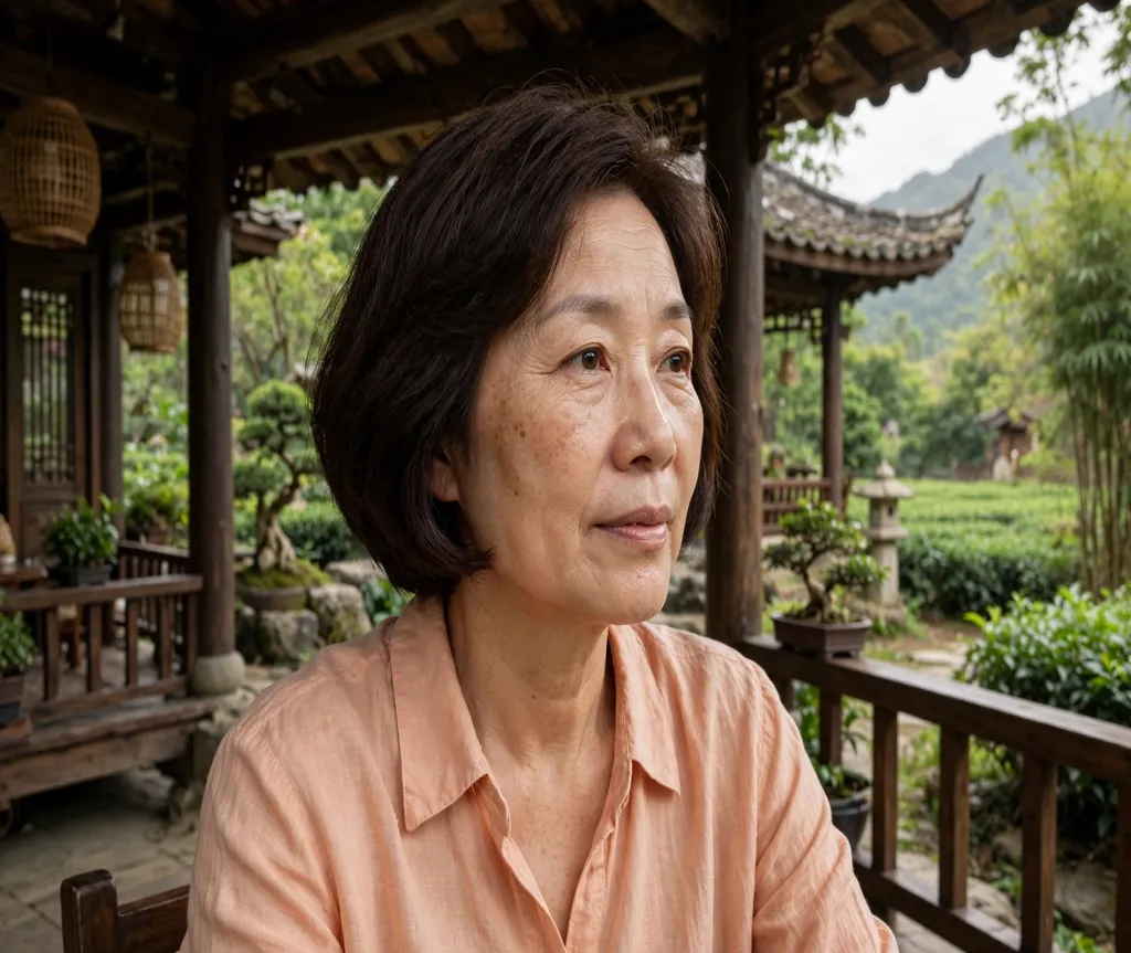 Woman with a soft rounded bob in a tea garden pavilion