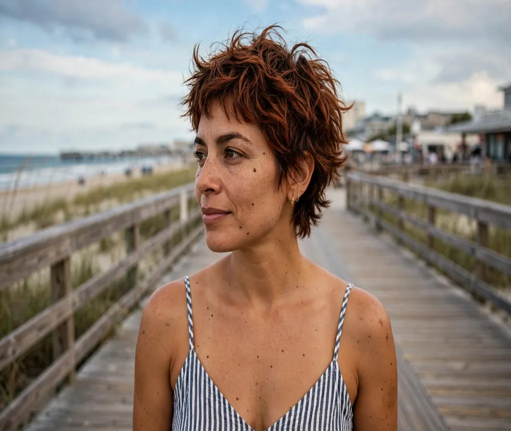 Woman with a messy summer crop on a beachside boardwalk