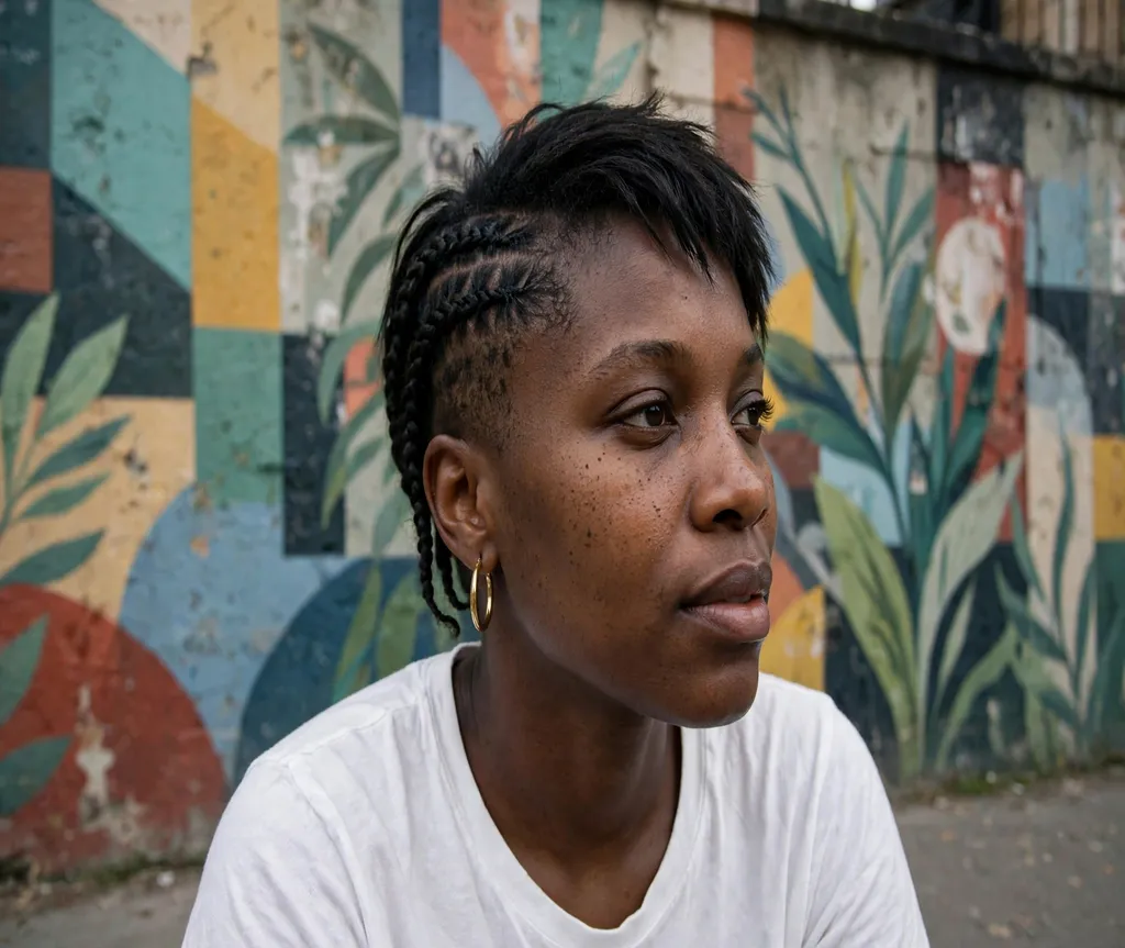 Woman with a braided side pixie at a street mural
