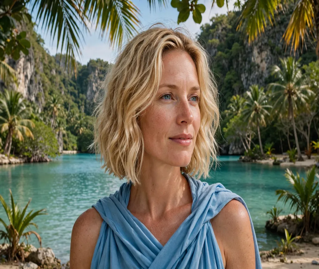 Woman with a beach-wave textured bob at a tropical lagoon