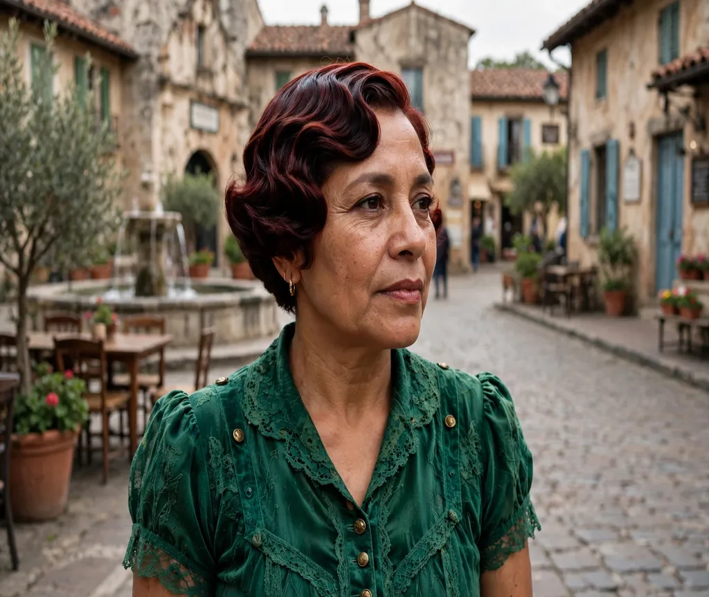 Woman with a retro finger-wave crop in an old-town plaza