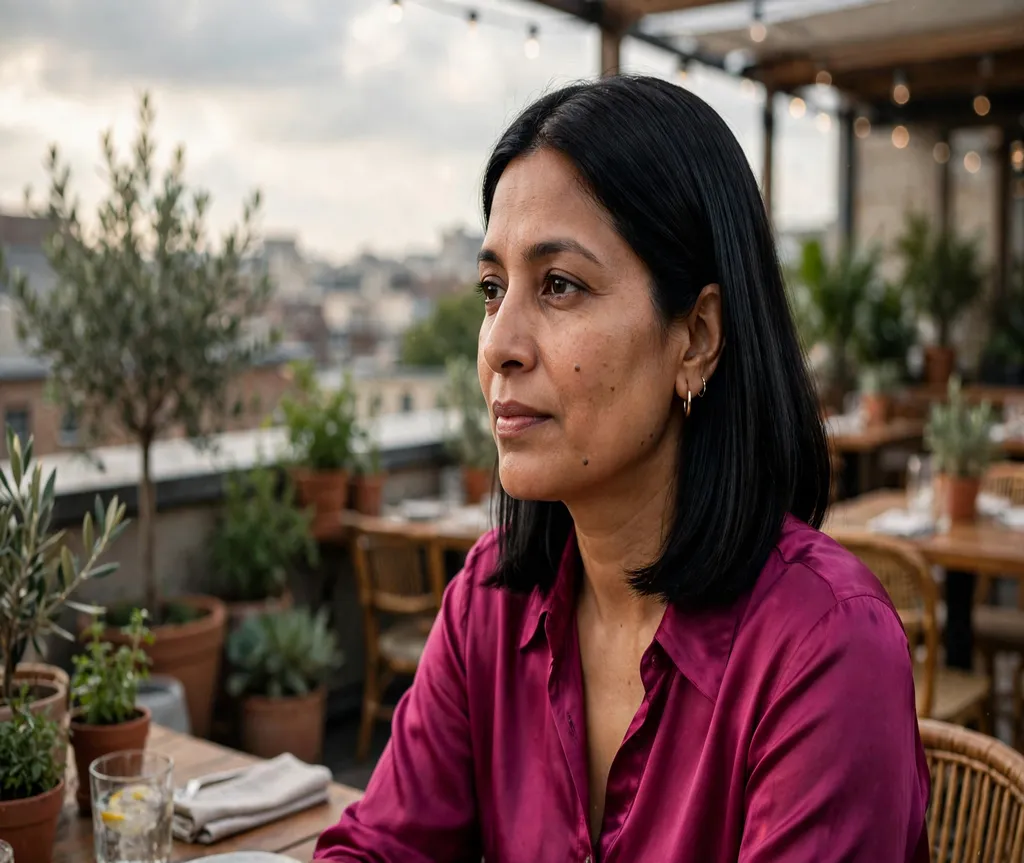 Woman with a sleek straight lob at a rooftop restaurant