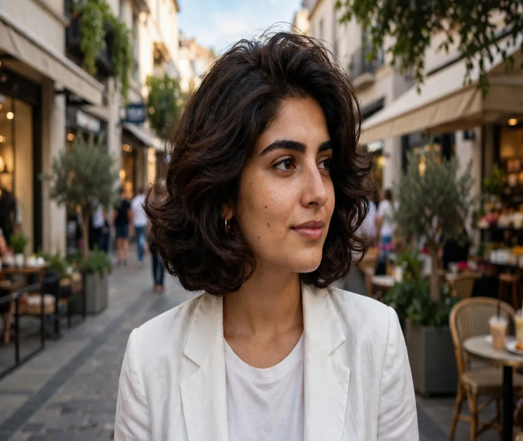 Woman with a voluminous blowout bob on a shopping boulevard