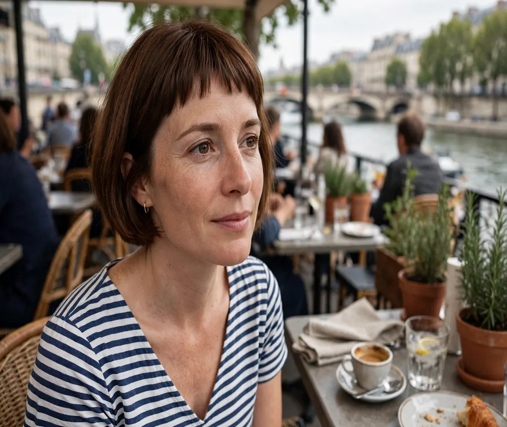 Woman with a short French bob at a riverside cafe