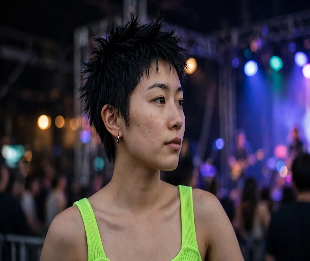 Woman with a spiky summer pixie at a concert