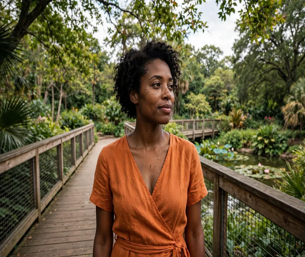 Woman with natural wash-and-go curls in a botanical park