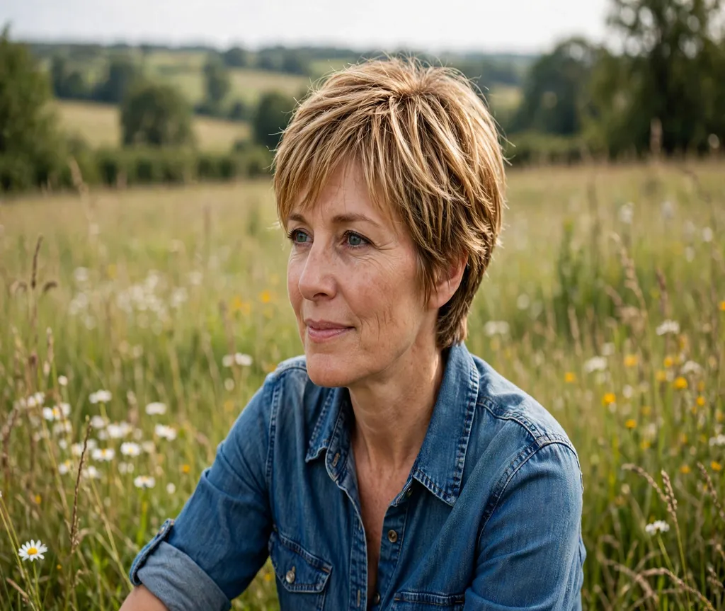 Woman with a sunlit layered crop in a countryside meadow