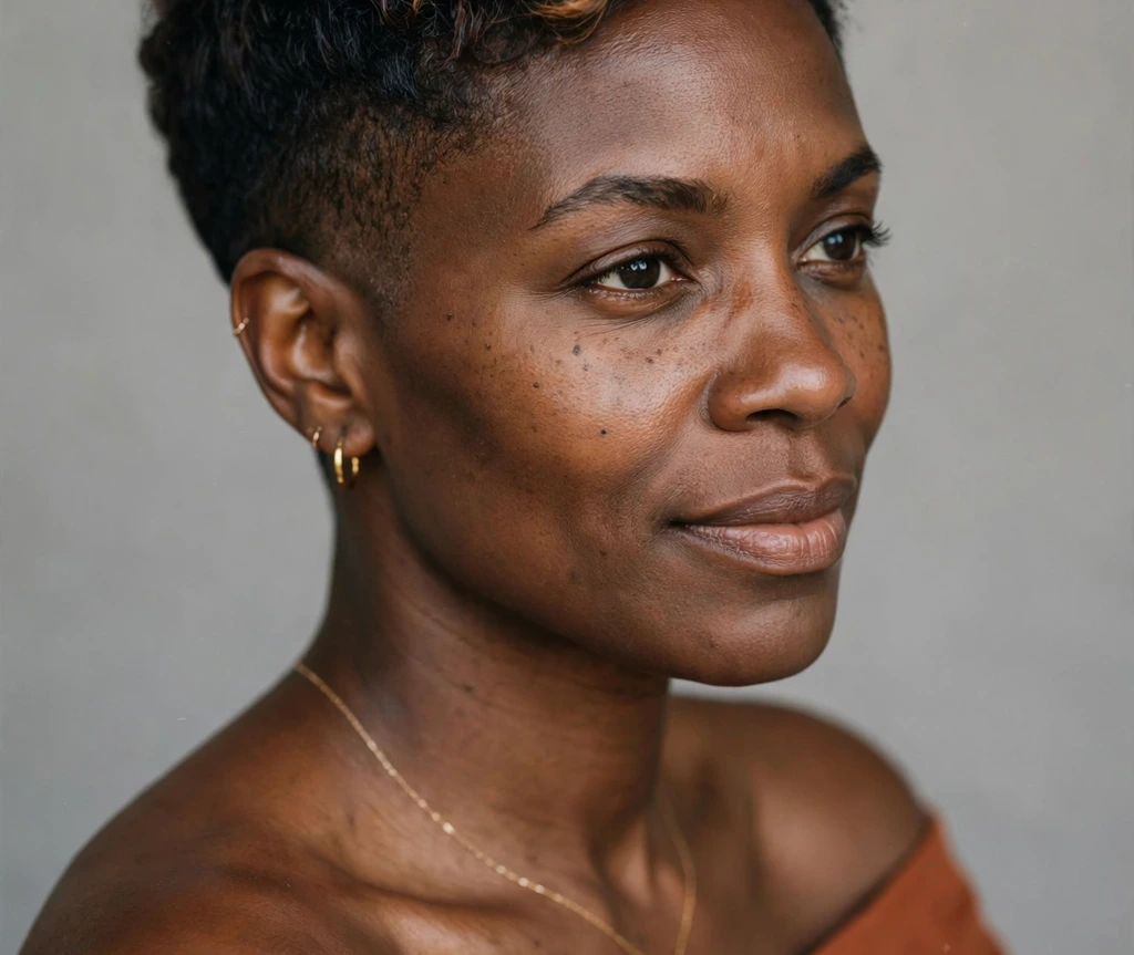 Black woman with a curly tapered pixie with honey blonde highlights and a faded taper, studio portrait