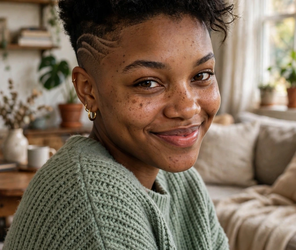 Black woman with an undercut taper featuring an etched wave design on the temple and textured black top
