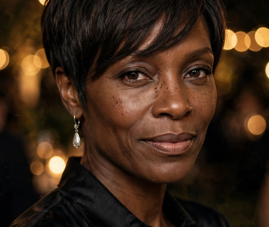 Black woman in her forties with a tapered pixie with long layered bangs swept across the forehead