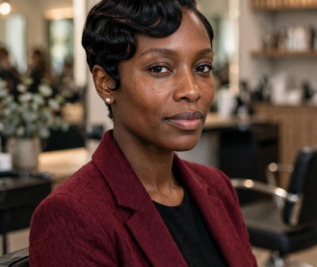 Black woman with tapered sides and glossy finger waves on top, sitting in a hair salon