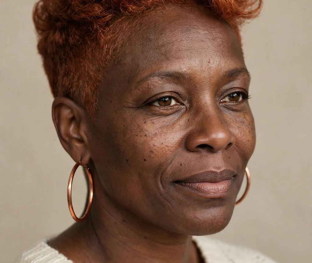 Black woman with a short tapered haircut in warm copper color with tapered nape and sides