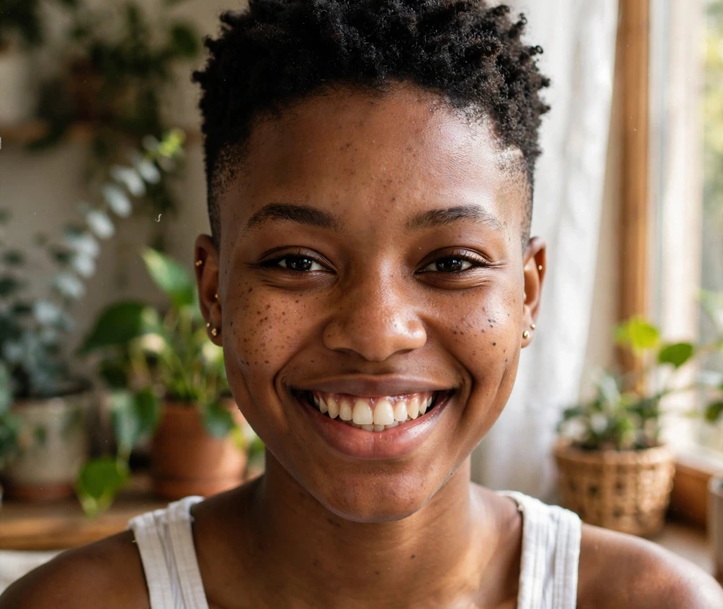 Black woman with a low tapered haircut, tight natural coils on top with clean tapered sides