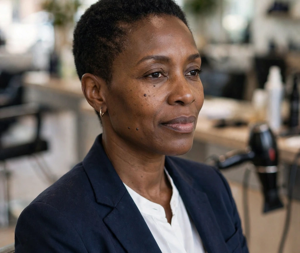 Black woman with a low tapered crop, short cropped natural hair with a gradual taper at the temples