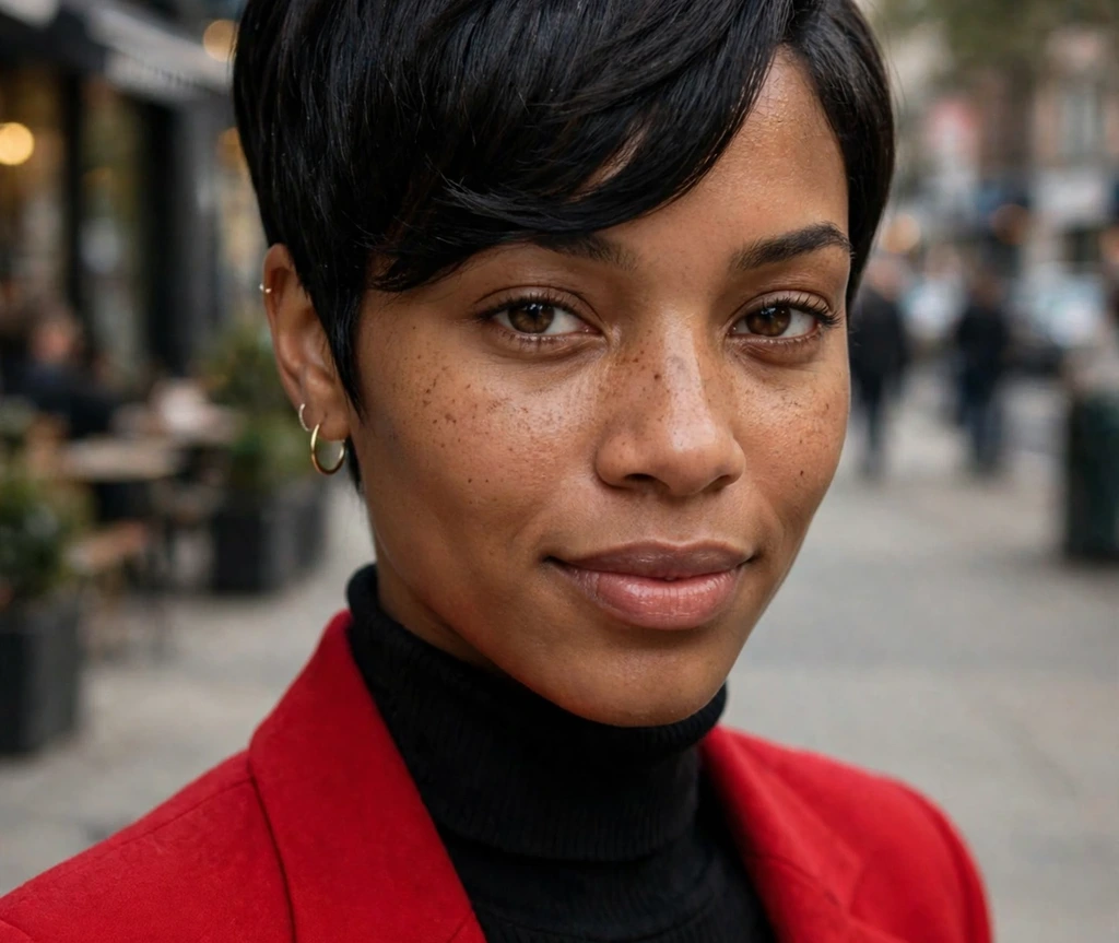 Black woman with a tapered pixie with a deep side part and longer swept fringe in glossy black