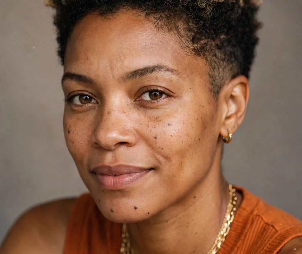 Black woman with a tapered afro pixie, dark crown with sun-kissed blonde tips and faded tapered sides