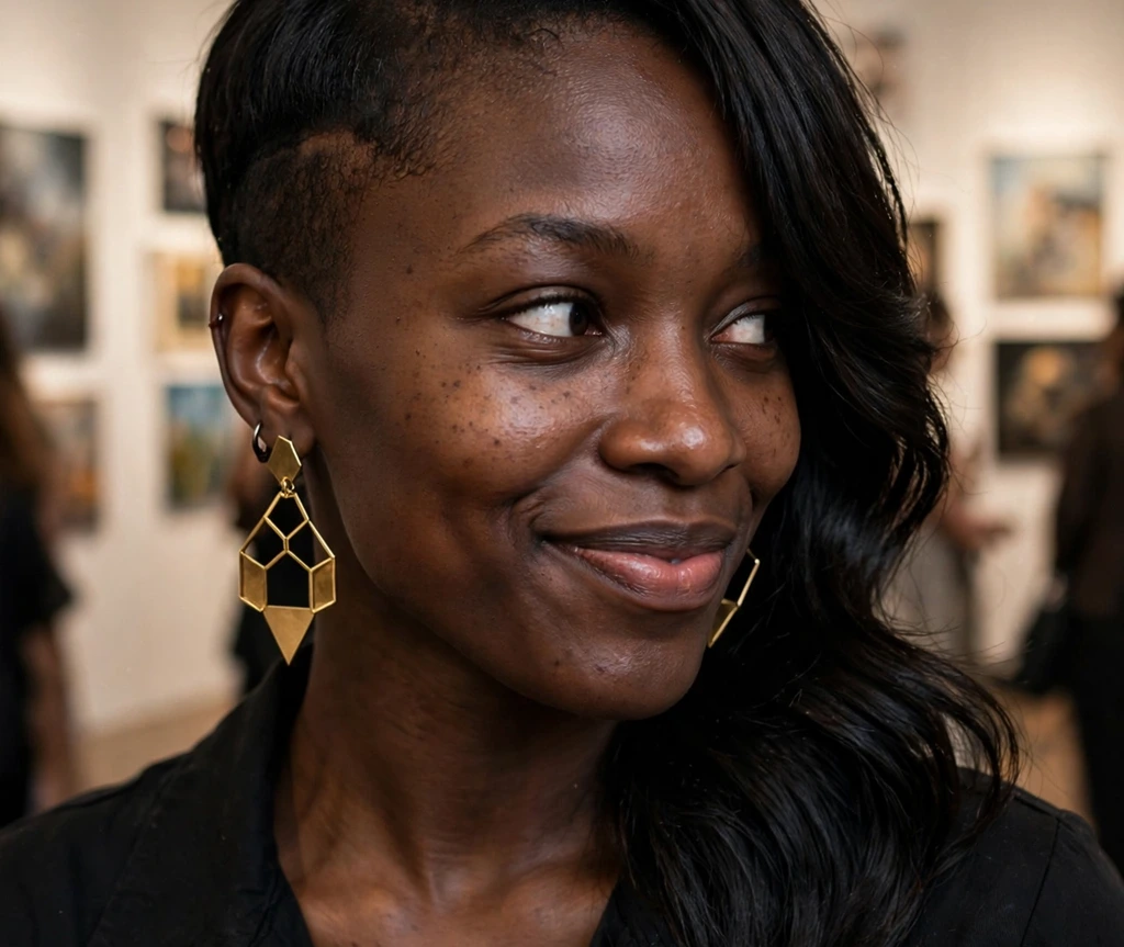 Black woman with an asymmetrical tapered pixie, one side closely tapered and the other sweeping longer