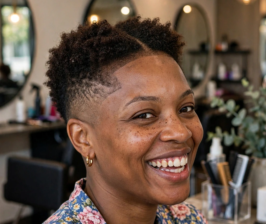 Black woman with a tapered frohawk, defined dark curls down the center with closely faded tapered sides