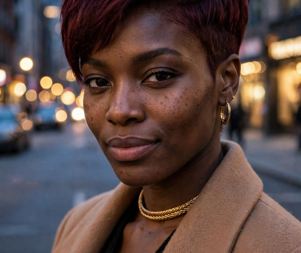 Black woman with a tapered pixie in rich burgundy color with faded tapered sides