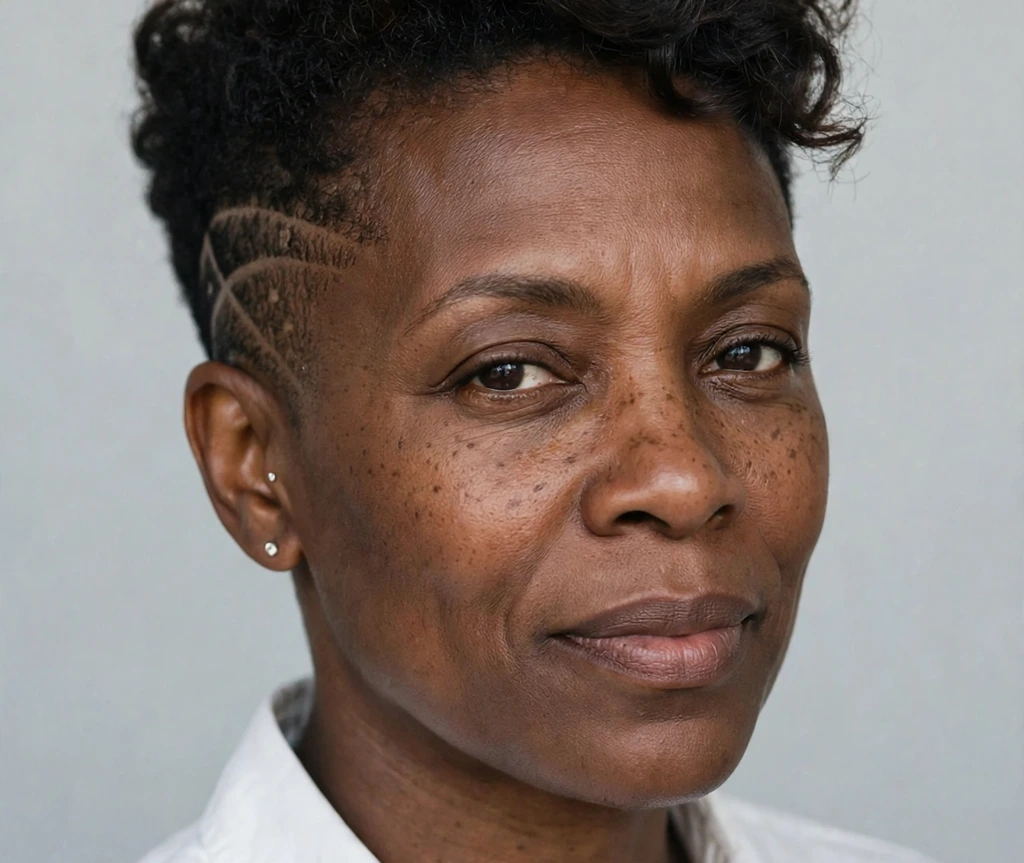 Black woman with a tapered haircut featuring a shaved nape and soft dark curls fading into tapered sides