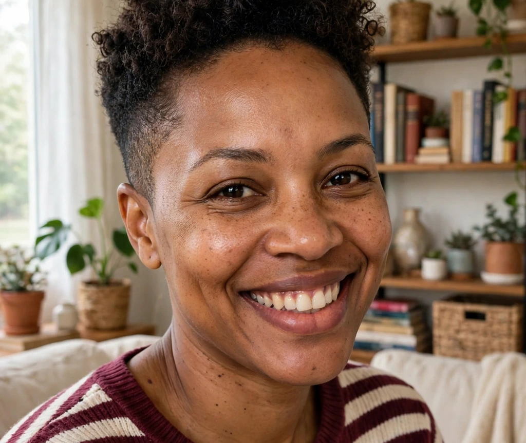 Black woman with a short tapered cut with springy dark curls on top and neatly tapered sides