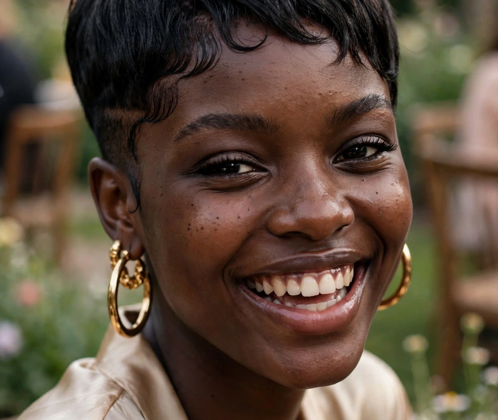 Black woman with a tapered pixie with sculpted baby hairs along the hairline and clean tapered sides