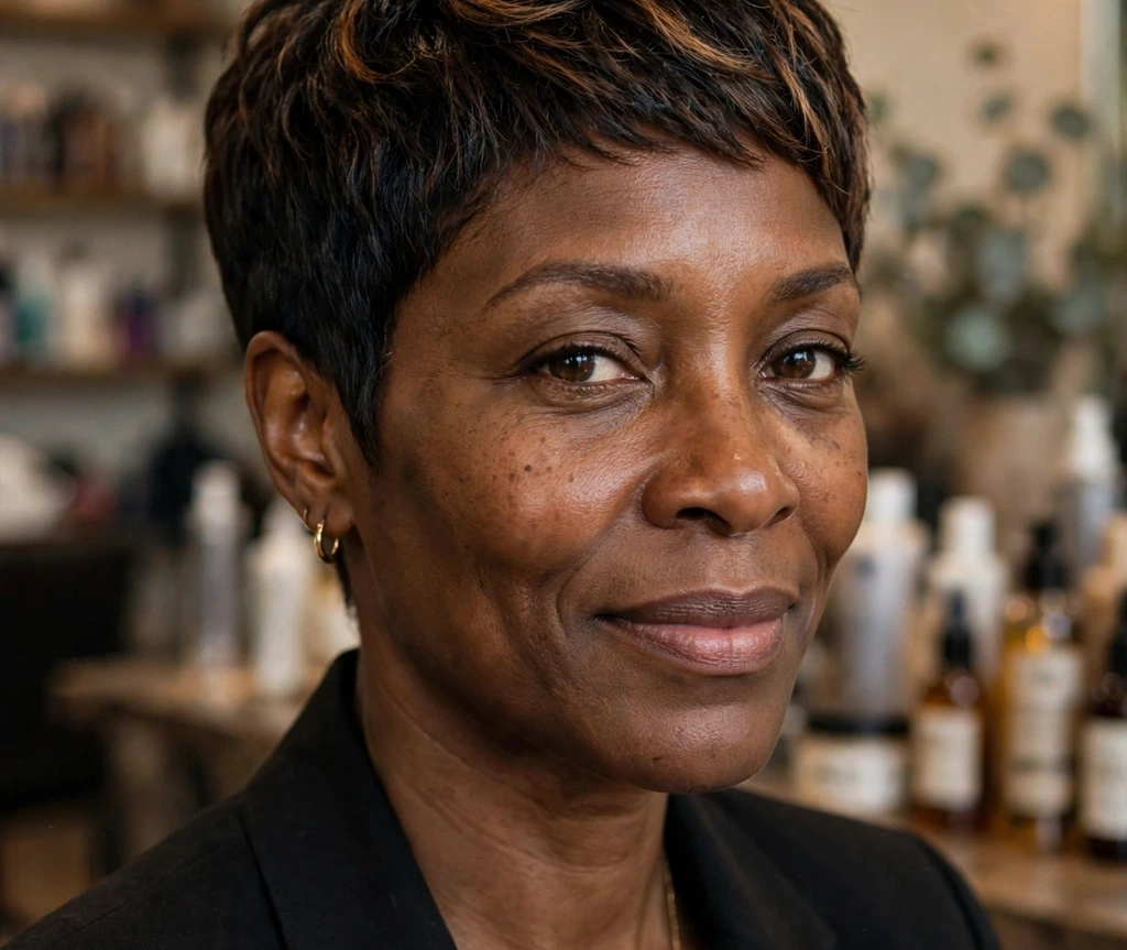 Black woman with a tapered pixie featuring caramel highlights on the dark textured top and faded tapered sides