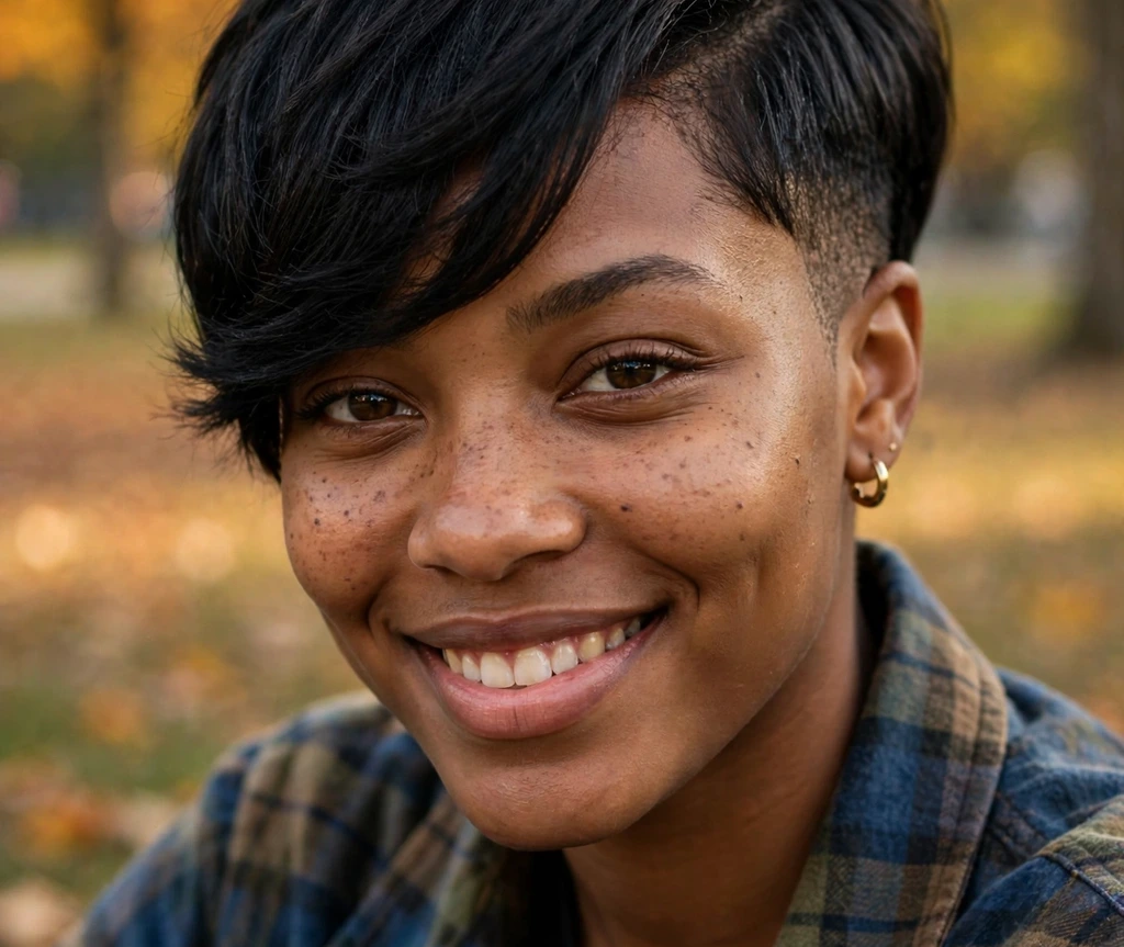 Black woman with a tapered pixie with side-swept fringe in jet black and faded tapered sides