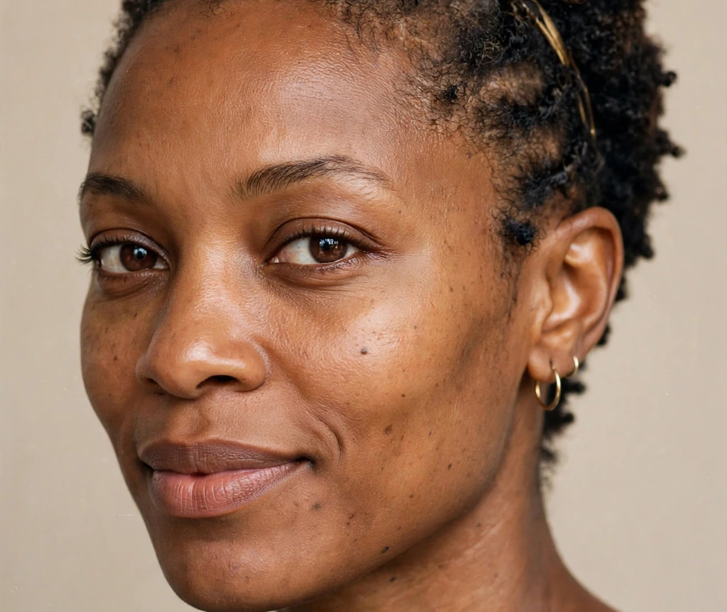 Black woman with a short tapered natural haircut held back with a thin gold headband