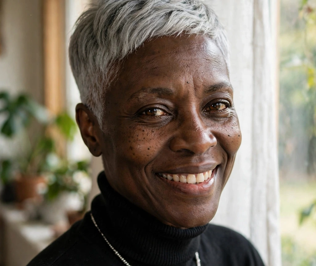 Black woman with a short tapered pixie in elegant silver-grey with tapered sides