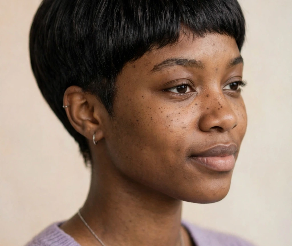 Black woman with a rounded tapered bob pixie in glossy black with a softly tapered nape