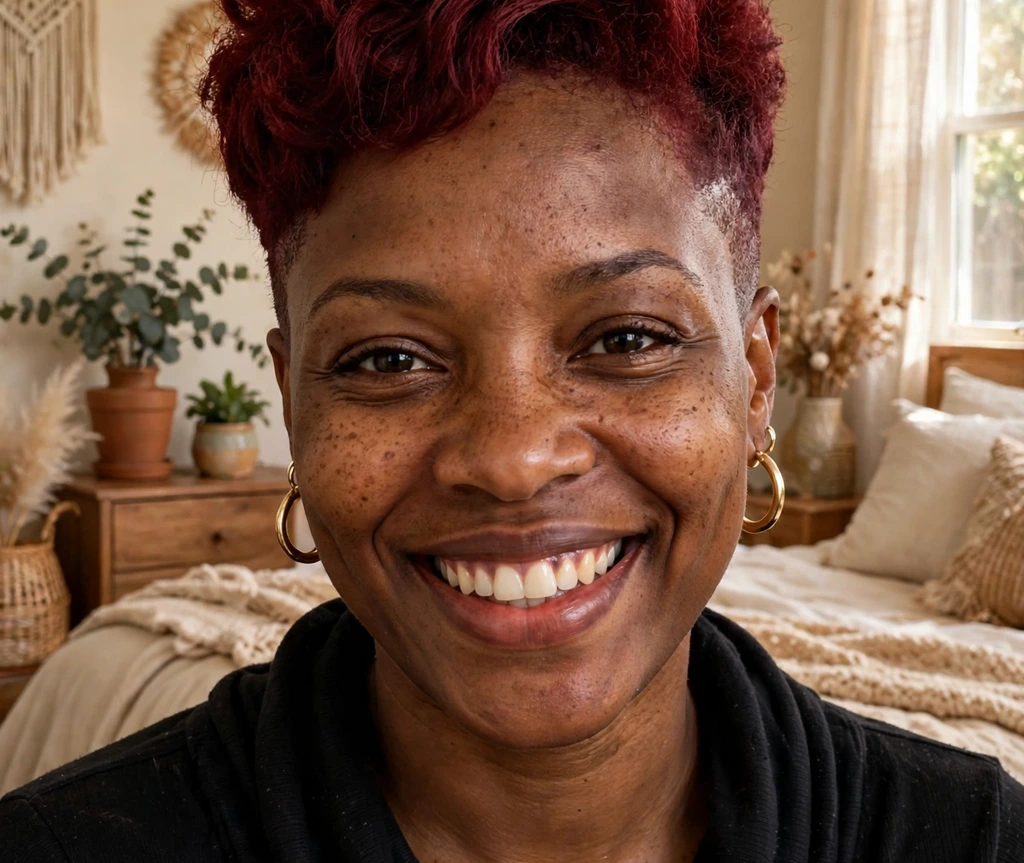 Black woman with a tapered pixie in deep cherry red with faded tapered sides