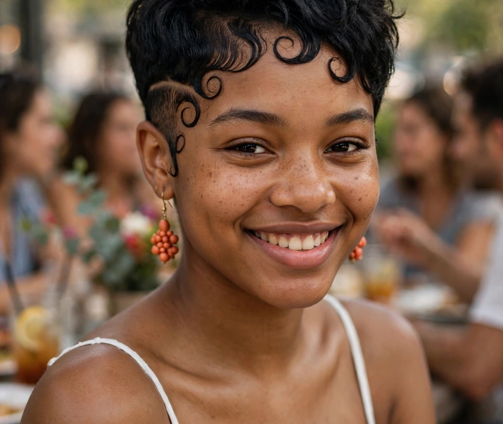 Black woman with a tapered pixie with sculpted swirled edges and a soft textured top