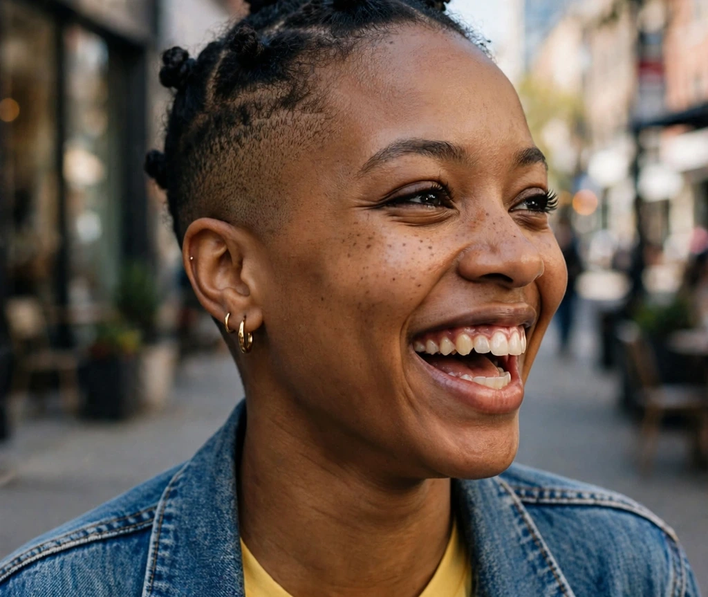Black woman with a tapered haircut with small bantu knots on the crown and closely faded tapered sides