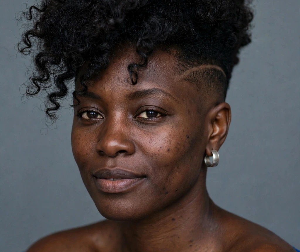 Black woman with sleek tapered sides and a voluminous curly top in natural black